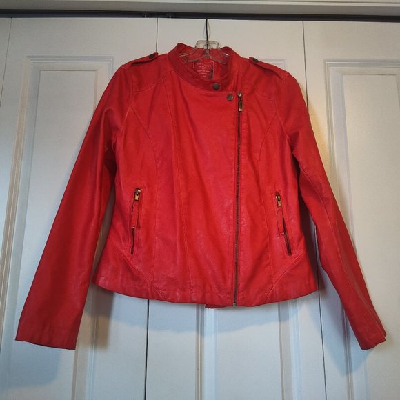 Yest Fashion Bright Orange Faux Leather Moto Jacket - Picture 1 of 6